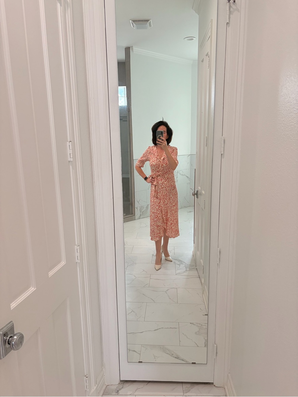 GANNI - like New - Retails $300+. Floral Wrap Midi Dress in Coral